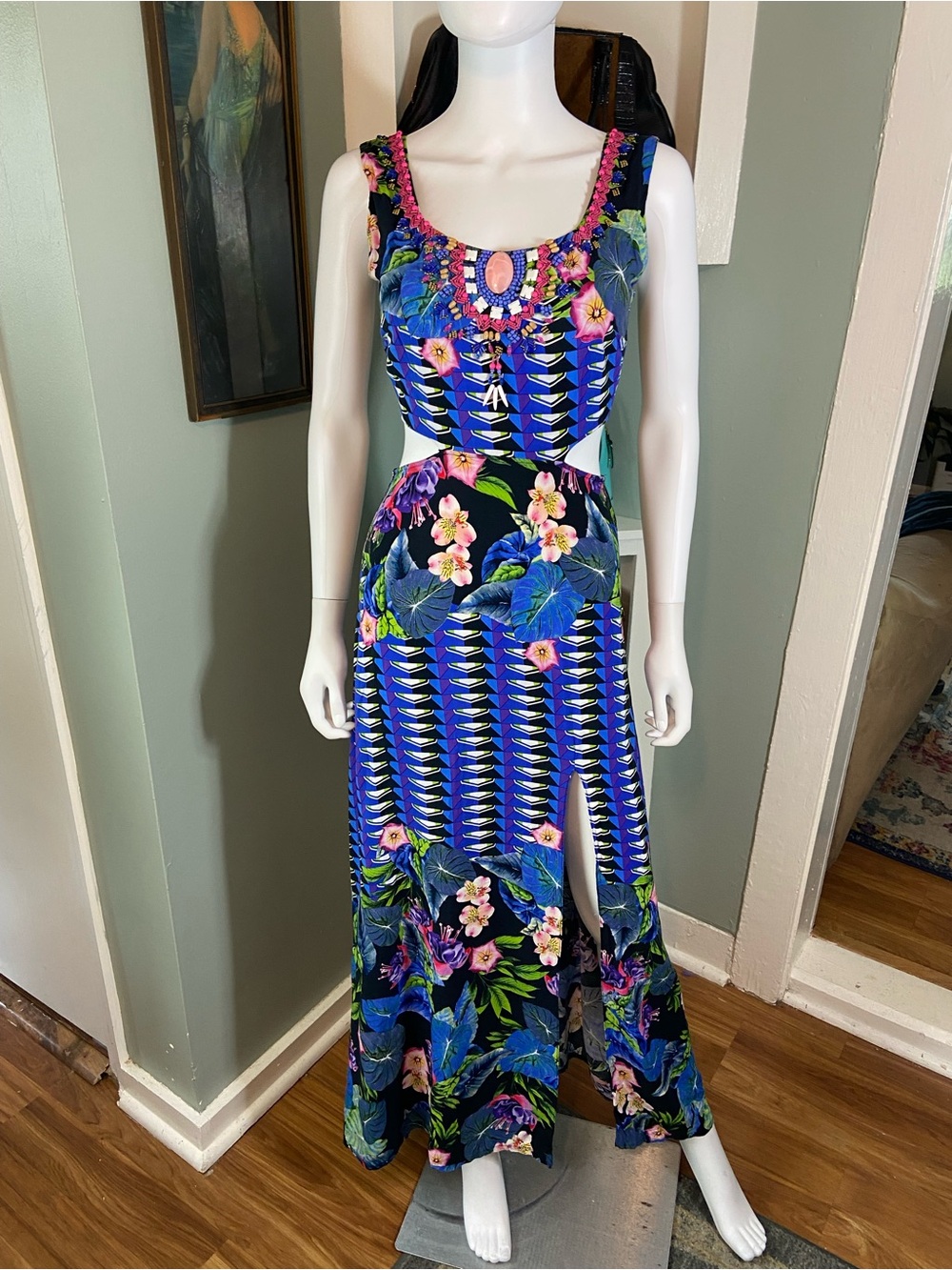 Carol Brasil Tropical Geometric Blue Floral Maxi Dress Hand Beaded Neckline S